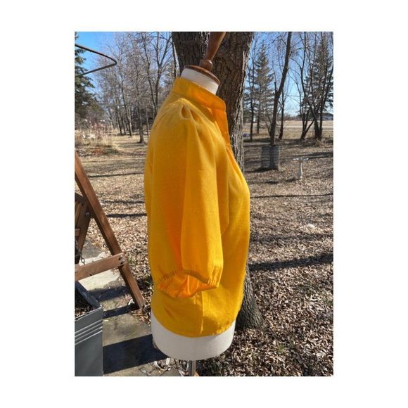 Vintage | 70s Saffron Slubbed Blouse Balloon Sleeve Mock Collar Sz 5 S/M - Picture 6 of 11